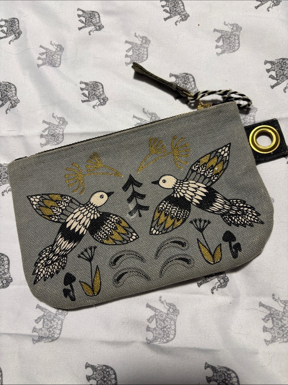 Nica Canvas Bird Print Pouch — Gray with Gold Accents